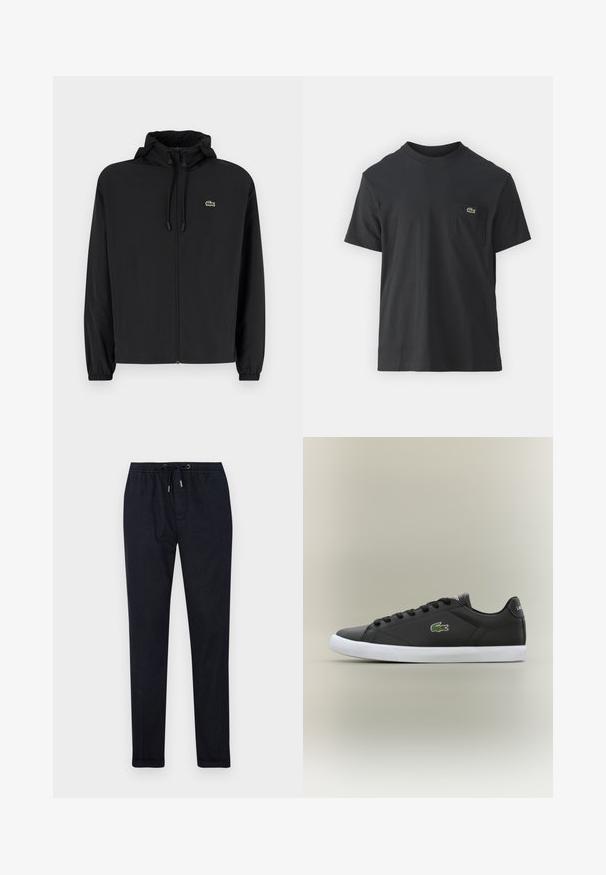 Veste noire à fermeture éclair avec capuche, fabriquée en matériau léger. Présente des poignets élastiques et un petit logo vert sur la poitrine gauche.; T-shirt en coton noir à manches courtes, col rond, avec un petit logo vert sur la poche gauche de la poitrine. Design simple, coupe regular.; Pantalons de jogging bleu marine foncé avec une taille élastique, cordon de serrage, jambes fuselées et une texture lisse. Comprend des poches latérales et des coutures discrètes.; Baskets en cuir noir avec semelle en caoutchouc blanche, présentant un logo crocodile vert et des lacets ronds, au design élégant avec une texture lisse.