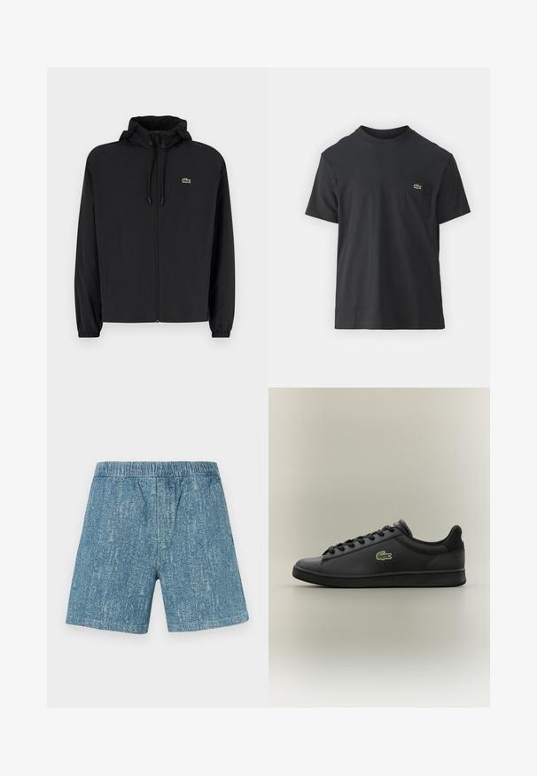 Casaco preto com fecho éclair e capuz, feito de material leve. Apresenta punhos elásticos e um pequeno logotipo verde no lado esquerdo do peito.; Camiseta de algodão preta com mangas curtas, decote redondo e um pequeno logo verde no bolso do peito esquerdo. Design simples, corte regular.; Calções de ganga com cintura elástica, cor azul desbotada e aparência texturada. Corte direito sem bolsos ou adornos.; Sapatilha de couro preta de cano baixo com atacadores pretos, apresentando um logótipo de crocodilo verde na lateral, colocada sobre um fundo neutro simples.