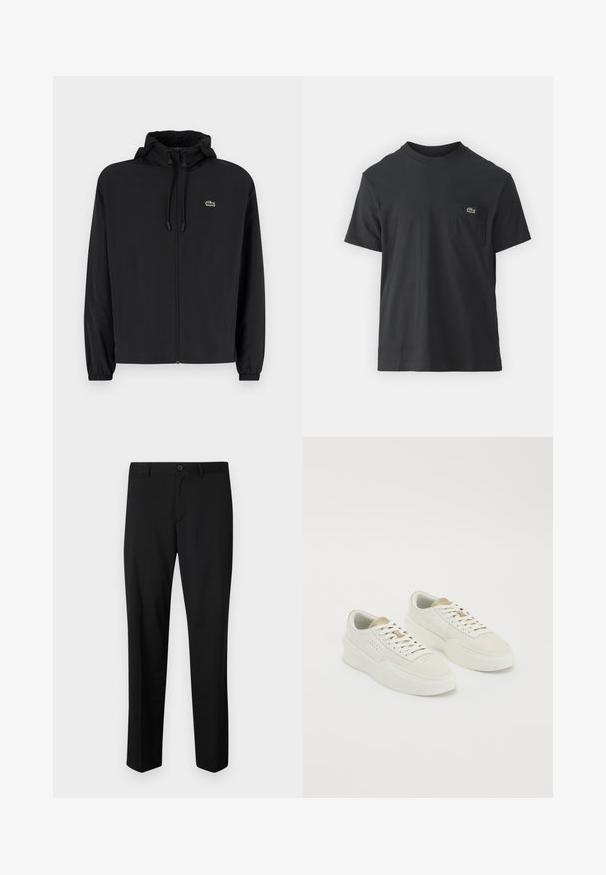 Crna jakna na zip s kapuljačom, izrađena od laganog materijala. Ima elastične manžete i mali zeleni logotip na lijevoj strani prsnog koša.; Crna pamučna majica s kratkim rukavima, okruglim izrezom i malim zelenim logotipom na lijevoj strani džepa. Jednostavan dizajn, regularni kroj.; Crne krojene hlače s ravnim prednjim dijelom, standardnim strukom i ravnim nogavicama. Izrađene od glatke tkanine, s jednim gumbom za zatvaranje.; Par niz off-white niskih tenisica s bež detaljima, debelim potplatima i bijelim vezicama na jednostavnoj bijeloj pozadini.