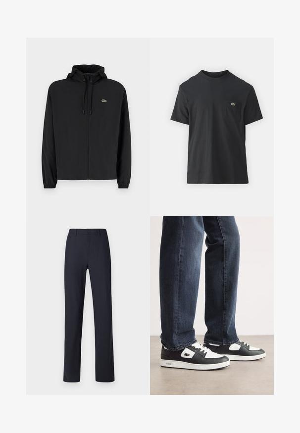 Fekete, kapucnis, cipzáras dzseki, könnyű anyagból készült. Rugalmas mandzsettákkal és egy kis zöld logóval rendelkezik a bal mellrészen.; Fekete pamut póló rövid ujjakkal, kerek nyakú, bal oldalon egy kis zöld logóval a zseb fölött. Egyszerű dizájn, normál szabású.; Sötétkék nadrág sima anyagból, elöl gombos záródással, hagyományos derékkal és egyenes szabással.; Fekete-fehér Lacoste sportcipők, texturált bőrből készült felső résszel, fűzős kivitelben és fehér gumitalppal. Sötét farmernadrággal viselve.