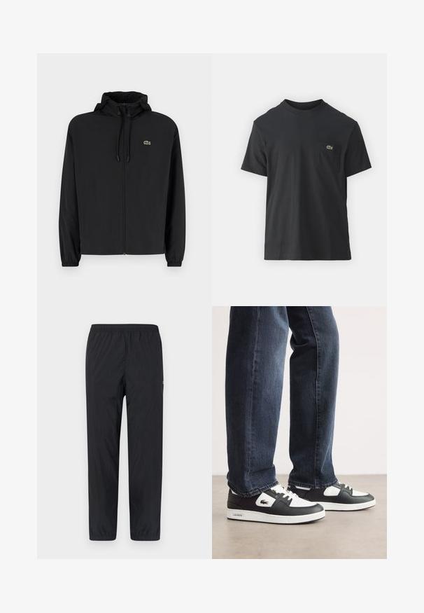 Black zip-up jacket with a hood, made of lightweight material. Features elastic cuffs and a small green logo on the left chest.; Black cotton t-shirt with short sleeves, round neckline, and a small green logo on the left chest pocket. Simple design, regular fit.; Black, lightweight, elastic waist pants with tapered legs and minimal texture. Features side seams and a small logo on the left leg.; Black and white Lacoste sneakers with a textured leather upper, featuring a lace-up design and a white rubber outsole. Worn with dark jeans.
