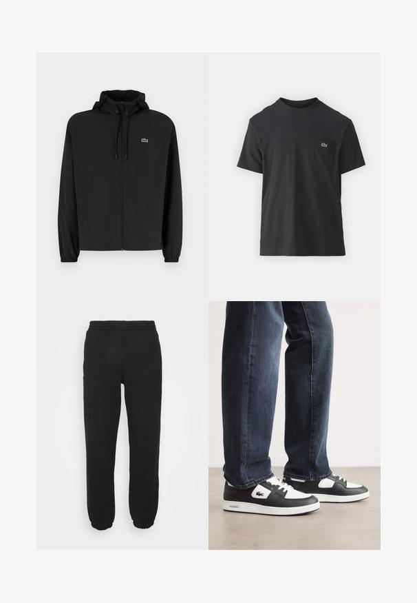 Črna jakna na zadrgo s kapuco, izdelana iz lahkega materiala. Ima elastične manšete in majhen zeleni logotip na levem prsnem delu.; Črna bombažna majica s kratkimi rokavi, okroglo ovratnikom in majhnim zelenim logotipom na levem žepu. Preprost dizajn, redna prileganje.; Črne trenirka narejene iz mehkega materiala, z elastiko v pasu in zbranimi manšetami. Preprost dizajn brez vidnih vzorcev ali logotipov.; Črno-bele Lacoste superge z zgornjim delom iz teksturirane usnje, s čipkastim zapiranjem in belim gumijastim podplatom. Oblečene z temnimi kavbojkami.