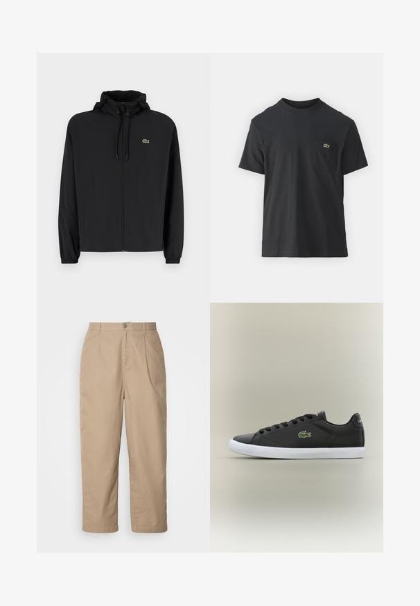 Fekete, kapucnis, cipzáras dzseki, könnyű anyagból készült. Rugalmas mandzsettákkal és egy kis zöld logóval rendelkezik a bal mellrészen.; Fekete pamut póló rövid ujjakkal, kerek nyakú, bal oldalon egy kis zöld logóval a zseb fölött. Egyszerű dizájn, normál szabású.; Beige, könnyű pamut nadrág, plissézett elülső résszel, gombos záródással és egyenes lábakkal, amely sima textúrával és látható minták nélkül rendelkezik.; Fekete bőr sportcipők fehér gumitalppal, zöld krokodil logóval és kerek fűzőkkel, elegáns dizájn sima felülettel.