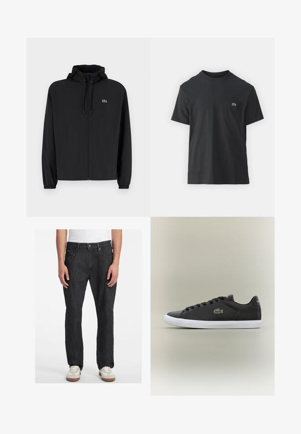 Schwarze Zip-Jacke mit Kapuze, aus leichtem Material hergestellt. Verfügt über elastische Bündchen und ein kleines grünes Logo auf der linken Brust.; Schwarz Baumwoll-T-Shirt mit kurzen Ärmeln, rundem Ausschnitt und einem kleinen grünen Logo auf der linken Brusttasche. Einfaches Design, reguläre Passform.; Schwarze Jeans aus Denim mit geradem Schnitt, ausgestattet mit einem vorderen Knopfverschluss, fünf Taschen und subtilen Steppnähten. Kombiniert mit Sneakers.; Schwarze Leder-Sneaker mit weißer Gummisohle, ausgestattet mit einem grünen Krokodil-Logo und runden Schnürsenkeln, elegantes Design mit glatter Textur.