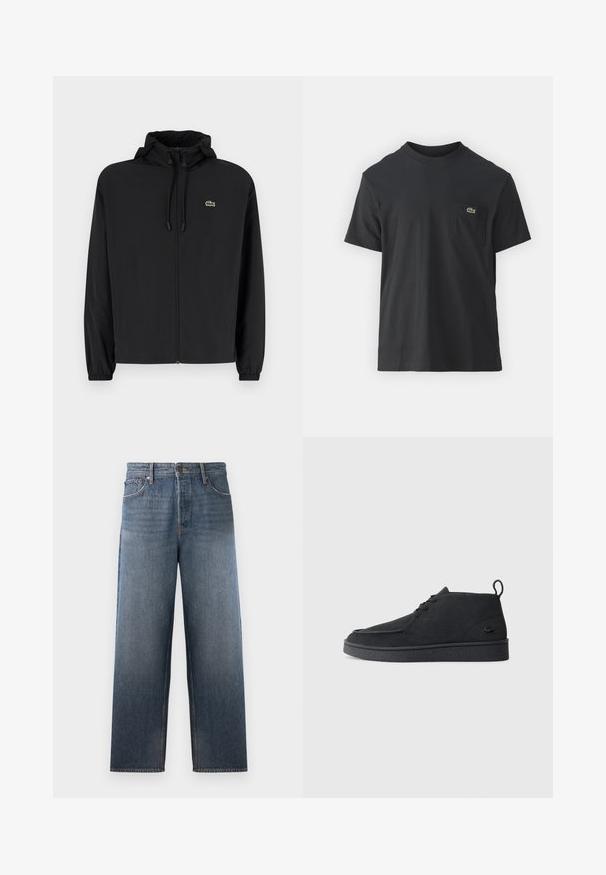 Svart zip-up jakke med hette, laget av lett materiale. Har elastiske mansjetter og en liten grønn logo på venstre bryst.; Svart bomull t-skjorte med korte ermer, rund hals og en liten grønn logo på venstre brystlomme. Enkelt design, normal passform.; Denimjeans i middels blå med rett ben-design, som har fem lommer, knapp- og glidelås-lukking, og subtile falmings-effekter.; Svart semsket snøring ankelstøvel med drageløkke og teksturert såle, med en liten preget krokodillelogo på siden.