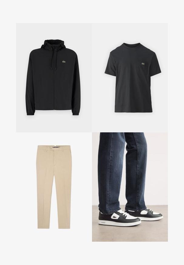 Schwarze Zip-Jacke mit Kapuze, aus leichtem Material hergestellt. Verfügt über elastische Bündchen und ein kleines grünes Logo auf der linken Brust.; Schwarz Baumwoll-T-Shirt mit kurzen Ärmeln, rundem Ausschnitt und einem kleinen grünen Logo auf der linken Brusttasche. Einfaches Design, reguläre Passform.; Beige maßgeschneiderte Hosen mit geradem Schnitt, ausgestattet mit einem Knopfverschluss, Gürtelschlaufen und zwei vorderen Taschen. Baumwollstoff mit glatter Textur.; Schwarz-weiße Lacoste-Sneaker mit einem Obermaterial aus strukturiertem Leder, ausgestattet mit einem Schnürdesign und einer weißen Gummiaußensohle. Getragen mit dunklen Jeans.