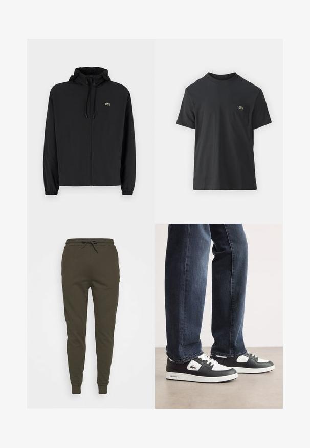 Schwarze Zip-Jacke mit Kapuze, aus leichtem Material hergestellt. Verfügt über elastische Bündchen und ein kleines grünes Logo auf der linken Brust.; Schwarz Baumwoll-T-Shirt mit kurzen Ärmeln, rundem Ausschnitt und einem kleinen grünen Logo auf der linken Brusttasche. Einfaches Design, reguläre Passform.; Dunkelolivgrüne Sweatpants mit einem Kordelzugbund, tapered Bein-Design und einem kleinen Logo-Detail an der Seite. Weiches Fleece-Material.; Schwarz-weiße Lacoste-Sneaker mit einem Obermaterial aus strukturiertem Leder, ausgestattet mit einem Schnürdesign und einer weißen Gummiaußensohle. Getragen mit dunklen Jeans.