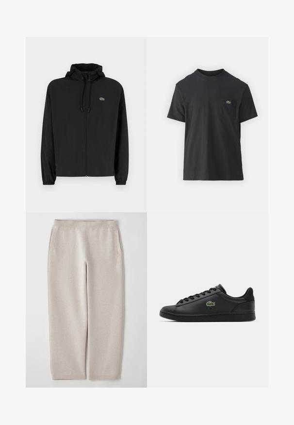 Sort zip-jakke med hætte, lavet af letvægtsmateriale. Har elastiske manchetter og et lille grønt logo på venstre bryst.; Sort bomulds t-shirt med korte ærmer, rund halsudskæring og et lille grønt logo på venstre brystlomme. Enkel design, normal pasform.; Beige sweatpants lavet af blødt stof, med en bred talje, sidelommer og indsnøvrede ben for en afslappet pasform.; Sorte lædersneakers med en glat overflade, rund tå, tonale snørebånd og et grønt broderet logo på siden. Gummisål med lav profil.