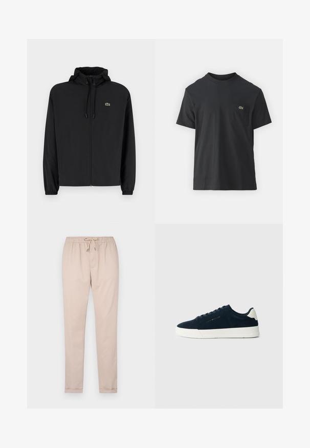 Schwarze Zip-Jacke mit Kapuze, aus leichtem Material hergestellt. Verfügt über elastische Bündchen und ein kleines grünes Logo auf der linken Brust.; Schwarz Baumwoll-T-Shirt mit kurzen Ärmeln, rundem Ausschnitt und einem kleinen grünen Logo auf der linken Brusttasche. Einfaches Design, reguläre Passform.; Helle beige Hose aus weichem Stoff, mit einem elastischen Bund und Kordelzug, schmal zulaufenden Beinen und umgeschlagenen Säumen.; Marineblaues Wildleder-Sneaker mit weißer Gummisohle, runder Zehenform und kontrastierendem Fersenriegel; verfügt über tonale Schnürsenkel und ein Logodetail an der Seite.