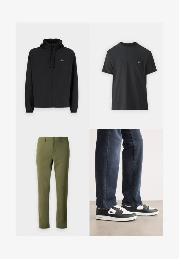 Črna jakna na zadrgo s kapuco, izdelana iz lahkega materiala. Ima elastične manšete in majhen zeleni logotip na levem prsnem delu.; Črna bombažna majica s kratkimi rokavi, okroglo ovratnikom in majhnim zelenim logotipom na levem žepu. Preprost dizajn, redna prileganje.; Olivno zelene hlače iz gladkega blaga s ravno krojem, z gumbom za zapiranje in zankami za pas. Brez vidnih vzorcev ali poudarkov.; Črno-bele Lacoste superge z zgornjim delom iz teksturirane usnje, s čipkastim zapiranjem in belim gumijastim podplatom. Oblečene z temnimi kavbojkami.