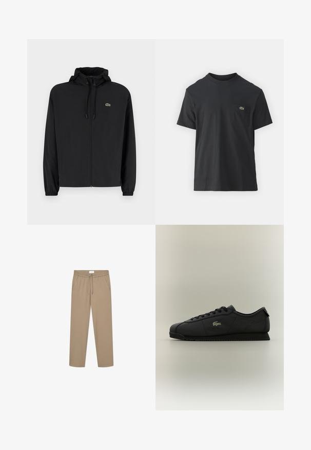 Juodas užtrauktukas striukė su gaubtu, pagaminta iš lengvos medžiagos. Savybės: elastiniai apykaklės ir mažas žalias logotipas kairėje krūtinės pusėje.; Juodas medvilninis marškinėliai trumpomis rankovėmis, apvaliu iškirpimu ir maža žalia logo kairėje krūtinės kišenėje. Paprastas dizainas, reguliaraus pjaustymo.; Smėliniai tamprūs kelnių su elastinga juosta ir virvele, su dviem šoninėmis kišenėmis ir tiesiu sijonu. Lygus paviršius.; Juodos žemos klasės sportbačiai su raištelių užsegimu, tekstūruotu padu ir auksiniu krokodilo logotipu šone.