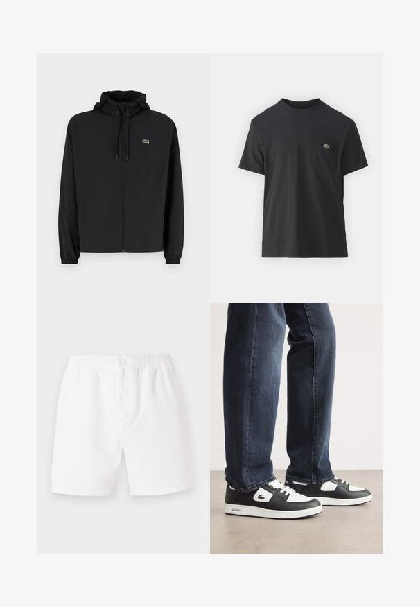 Svart zip-up jakke med hette, laget av lett materiale. Har elastiske mansjetter og en liten grønn logo på venstre bryst.; Svart bomull t-skjorte med korte ermer, rund hals og en liten grønn logo på venstre brystlomme. Enkelt design, normal passform.; Hvite, teksturerte shorts med elastisk liv og knappelukking. Har en løs passform og mid-lår lengde, egnet for uformell bruk.; Sorte og hvite Lacoste sneakers med en teksturert skinnoverdel, med snøring og en hvit gummisåle. Brukt med mørke jeans.