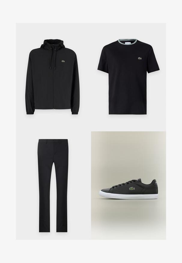 Fekete, kapucnis, cipzáras dzseki, könnyű anyagból készült. Rugalmas mandzsettákkal és egy kis zöld logóval rendelkezik a bal mellrészen.; Fekete pamut póló, kerek nyakkivágással, fehér és zöld csíkos díszítéssel, és zöld hímzett krokodil logóval a bal mellen.; Fekete egyenes szabású nadrág, sima anyagból készült. Elülső zsebekkel, gombos záródással és övhurkokkal rendelkezik.; Fekete bőr sportcipők fehér gumitalppal, zöld krokodil logóval és kerek fűzőkkel, elegáns dizájn sima felülettel.