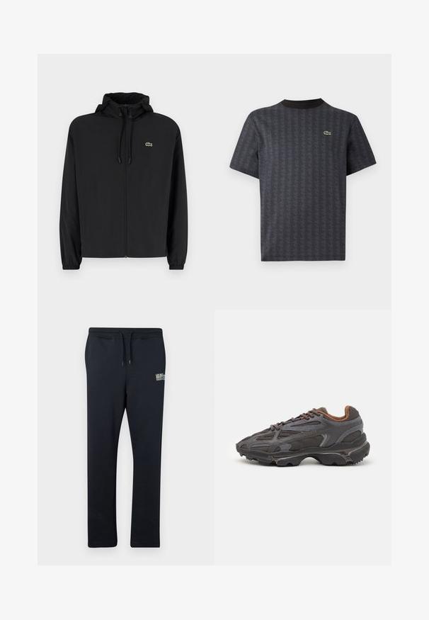 Zwarte zip-up jas met een capuchon, gemaakt van lichtgewicht materiaal. Heeft elastische manchetten en een klein groen logo op de linkerborst.; Zwarte korte mouwen t-shirt met een geometrisch patroon en een groene krokodillenlogo, met een effen zwarte ronde hals.; Navy joggingbroek gemaakt van zachte stof met een elastische tailleband en trekkoord, voorzien van een klein gedrukt logo op de linker bovenbeen.; Lacoste sneakers in donkergrijs van mesh en synthetisch materiaal, met een gestructureerde zool en bruine accenten op de kraag en branding.