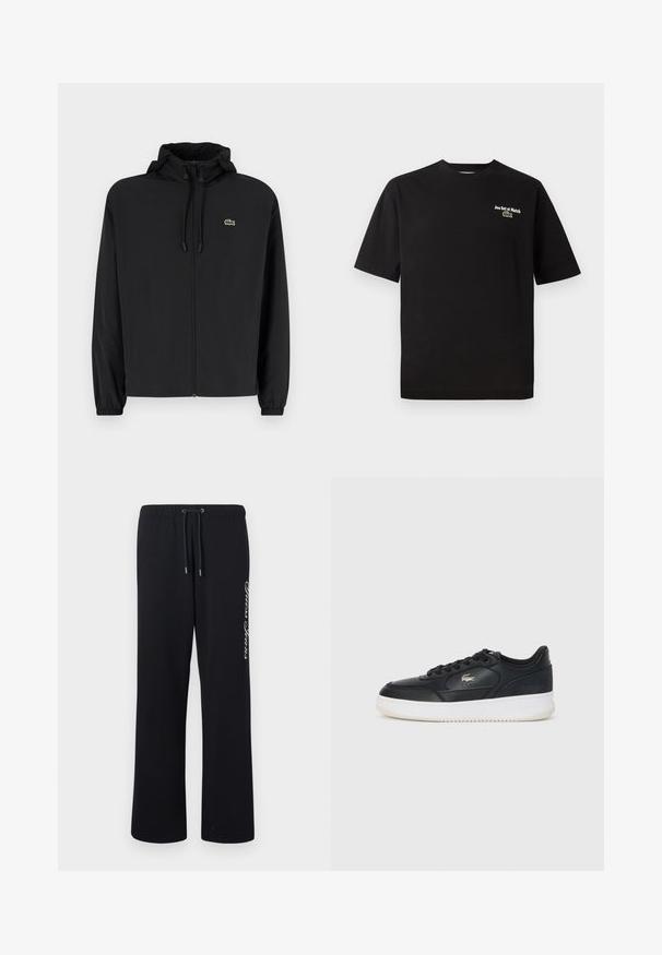 Schwarze Zip-Jacke mit Kapuze, aus leichtem Material hergestellt. Verfügt über elastische Bündchen und ein kleines grünes Logo auf der linken Brust.; Schwarzes Baumwoll-T-Shirt mit kurzen Ärmeln und Rundhalsausschnitt, mit weißer Bestickung "Jeu Set et Match" und einem grünen Krokodil-Logo-Akzent.; Schwarze Sweatpants aus weichem Material mit elastischem Taillenbund und Kordelzug. Mit weißem Text, der auf einer Seite aufgedruckt ist.; Schwarze Ledersneaker mit weißer Sohle, runde Spitze, Schnürverschluss und einem dezenten Logo an der Seite. Strukturierte Obermaterialakzente.