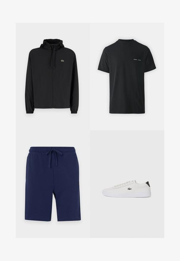 Crna jakna na zip s kapuljačom, izrađena od laganog materijala. Ima elastične manžete i mali zeleni logotip na lijevoj strani prsnog koša.; Crna pamučna majica s klasičnim okruglim izrezom, kratkim rukavima i s dva mala bijela logotipa "SAMSØE" na lijevoj strani prsnog koša.; Noćnoplave kratke hlače napravljene od meke pamučne mješavine, sa elastikom u struku i vezicom te bočnim džepovima.; Bijele kožne tenisice s okruglim vrhom, vezanjem sprijeda i crnim detaljem na peti. Imaju mali izvezeni logotip krokodila s bočne strane.