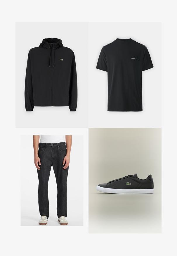 Jachetă neagră cu fermoar și glugă, fabricată din material ușor. Are manșete elastice și un mic logo verde pe pieptul stâng.; Tricou din bumbac negru cu guler clasic, mâneci scurte și două mici logo-uri albe "SAMSØE" pe pieptul stâng.; Jeans negri din denim cu croială dreaptă, având închidere cu buton în față, cinci buzunare și detalii de cusătură subtile. Purtați cu adidași.; Tenisi negri din piele cu talpă din cauciuc alb, având un logo verde de crocodil și șireturi rotunde, design elegant cu textură fină.