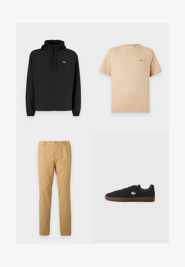 Jachetă neagră cu fermoar și glugă, fabricată din material ușor. Are manșete elastice și un mic logo verde pe pieptul stâng.; Tricou din bumbac bej cu guler rotund, mâneci scurte; prezintă un mic logo brodat în formă de crocodil verde pe partea stângă.; Pantaloni din bumbac bej cu un design cu picioare drepte, având fermoar și închidere cu nasture, precum și buzunare în față și în spate.; Tenis din suede negru cu talpă din cauciuc, bot rotund, șireturi în față și un logo de crocodil pe lateral. Accente din piele neagră la călcâi.