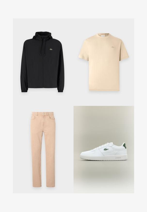 Juodas užtrauktukas striukė su gaubtu, pagaminta iš lengvos medžiagos. Savybės: elastiniai apykaklės ir mažas žalias logotipas kairėje krūtinės pusėje.; Lacoste Paprasti marškinėliai - viennese; Šviesiai rudos tiesios kojų džinsai, pagaminti iš medvilnės mišinio, su užtrauktuku, diržo kilpomis, priekinių ir galinių kišenių. Lygus paviršius.; Balti odiniai sportbačiai su lygiu paviršiumi, žaliais akcentais ant kulno ir žalia logotipu šone. Siūlo plokščią pado struktūrą ir apvalią nosį.