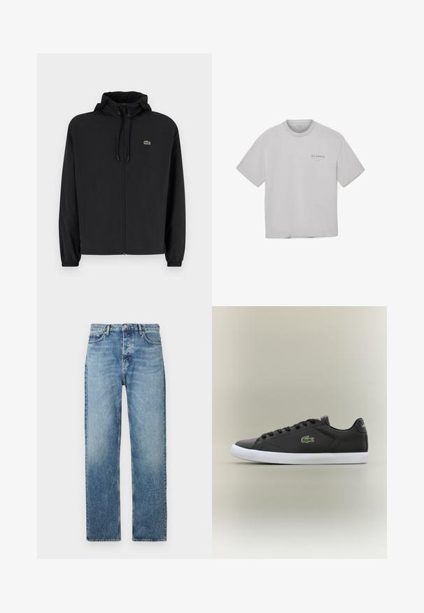 Svart zip-jacka med huva, tillverkad av lätt material. Har elastiska muddar och en liten grön logotyp på vänster bröst.; Grå bomulls t-shirt med rund halsringning, korta ärmar och en liten tryckt logotyp på vänster bröst. Slät yta, avslappnad passform.; Ljusblå denimjeans med rak bendesign, som har en vanlig midja, fem fickor och subtila blekningar.; Svarta lädersneakers med vit gummisula, med en grön krokodil-logotyp och runda snörningar, slankt design med slät textur.