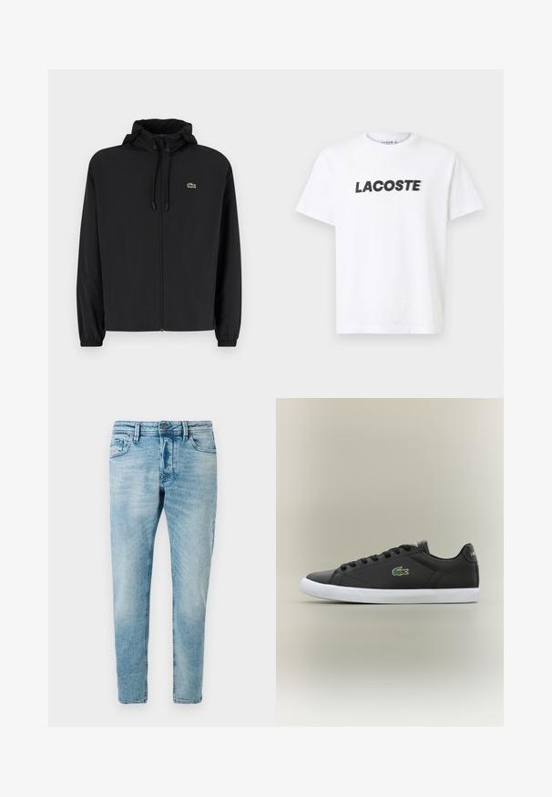 Črna jakna na zadrgo s kapuco, izdelana iz lahkega materiala. Ima elastične manšete in majhen zeleni logotip na levem prsnem delu.; Bela bombažna majica s poudarjenim črnim logotipom "LACOSTE" na prsih. Kratki rokavi in oblikovanje z okroglim izrezom.; Svijetloplave traperice slim kroja, s prednjim džepovima i kopčanjem na dugme. Tkanina ima mekan, teksturiran završetak.; Črne usnjene superge z belo gumijasto podplatom, z zelenim krokodiljim logotipom in okroglimi vezalkami, elegantna zasnova z gladko teksturo.