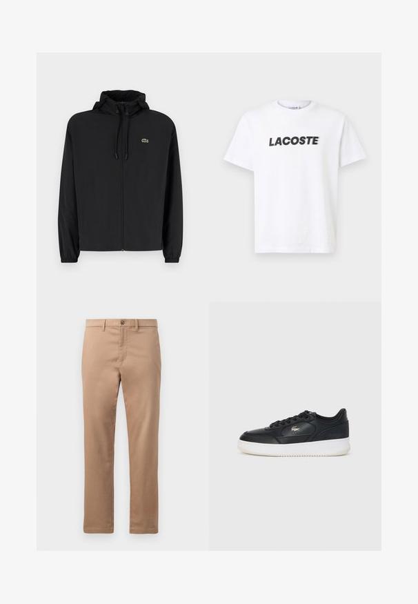 Veste noire à fermeture éclair avec capuche, fabriquée en matériau léger. Présente des poignets élastiques et un petit logo vert sur la poitrine gauche.; T-shirt en coton blanc avec un logo noir "LACOSTE" bien visible sur la poitrine. Manches courtes et col rond.; Chinos beige en coton avec une texture lisse, dotés d'une fermeture éclair et d'un bouton. Design à jambe droite, sans motifs ni accents visibles.; Baskets en cuir noir avec semelle blanche, dotées d'un bout arrondi, d'un laçage et d'un logo discret sur le côté. Accents en cuir texturé.