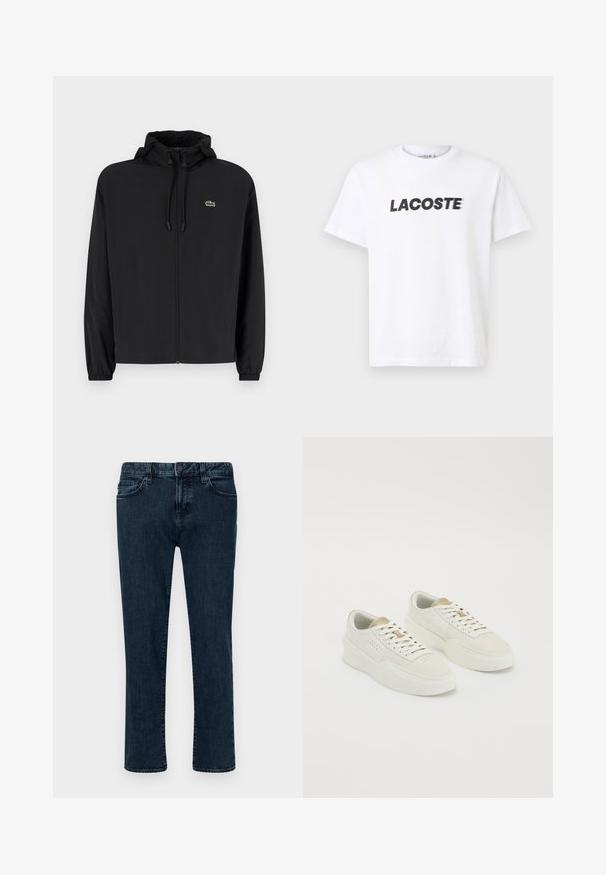 Črna jakna na zadrgo s kapuco, izdelana iz lahkega materiala. Ima elastične manšete in majhen zeleni logotip na levem prsnem delu.; Bela bombažna majica s poudarjenim črnim logotipom "LACOSTE" na prsih. Kratki rokavi in oblikovanje z okroglim izrezom.; Temno modri kavbojki z ravnimi hlačnicami, petimi žepi, zapiranjem na gumb in brušenimi šivi. Gladek material in klasičen slog.; Par nizko profilnih snežnih čevljev v off-white barvi z beige poudarki, debelimi podplati in belimi vezalkami na enotni beli podlagi.
