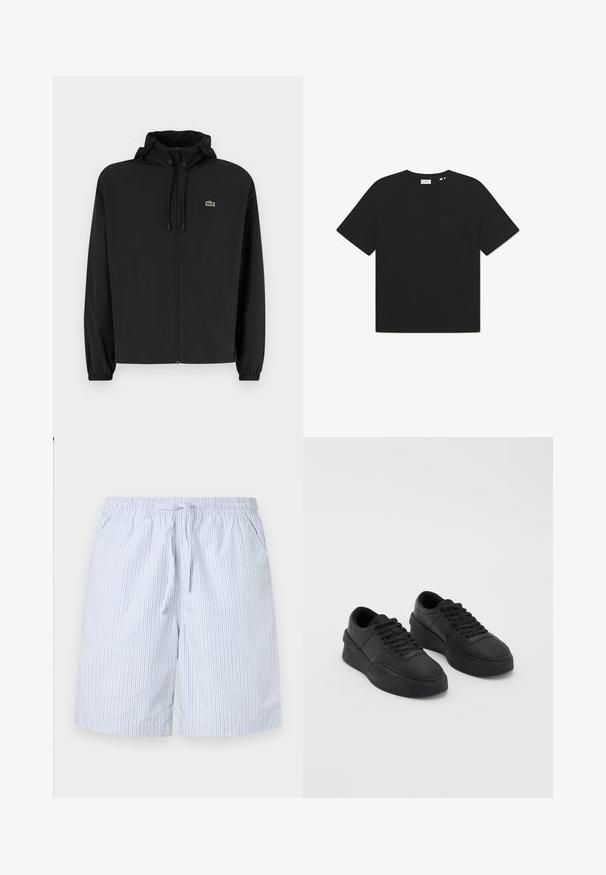 Črna jakna na zadrgo s kapuco, izdelana iz lahkega materiala. Ima elastične manšete in majhen zeleni logotip na levem prsnem delu.; Črna bombažna majica s krožnim ovratnikom in kratkimi rokavi. Na sprednji strani je subtilen logotip. Mehka tekstura in sproščen kroj.; Modri in beli prugasti kopalni šortki, narejeni iz lahkotnega materiala, z elastičnim pasom in vrvico ter stranskimi žepi.; Par črne nizke platformske superge s vezalkami, debelim podplatom in perforacijami na prednjem delu proti enobarvni podlagi.
