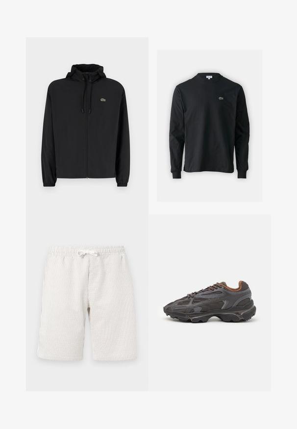 Veste noire à fermeture éclair avec capuche, fabriquée en matériau léger. Présente des poignets élastiques et un petit logo vert sur la poitrine gauche.; T-shirt noir à manches longues en coton, avec un col rond et un petit logo de crocodile brodé vert sur la poitrine gauche.; Shorts rayés beige clair avec une taille élastique et un cordon de serrage. La texture semble douce et le tissu présente un léger motif vertical.; Baskets Lacoste en gris foncé, en matériau mesh et synthétique, avec une semelle texturée et des accents marron sur le col et le branding.