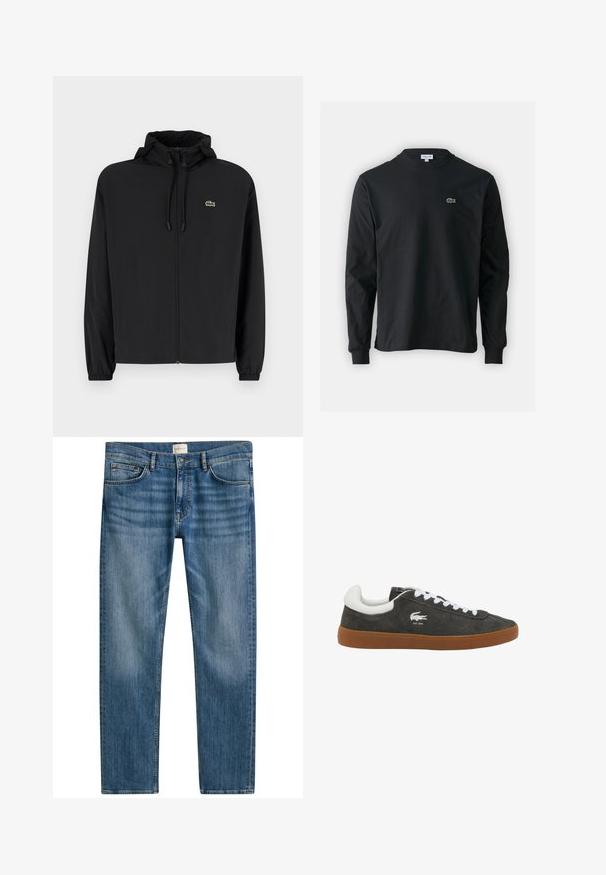 Chaqueta negra con cremallera y capucha, hecha de material ligero. Cuenta con puños elásticos y un pequeño logo verde en el lado izquierdo del pecho.; Camiseta de manga larga negra de algodón, con escote redondo y un pequeño logo de cocodrilo bordado en verde en el lado izquierdo del pecho.; Jeans de denim azul con corte recto, que cuentan con cinco bolsillos, cierre de botón y un ligero desgaste en la tela para dar textura.; Zapatillas de ante gris con cordones blancos, que cuentan con una suela de goma y un pequeño logotipo de cocodrilo blanco en el lateral. Textura suave y diseño de perfil bajo.