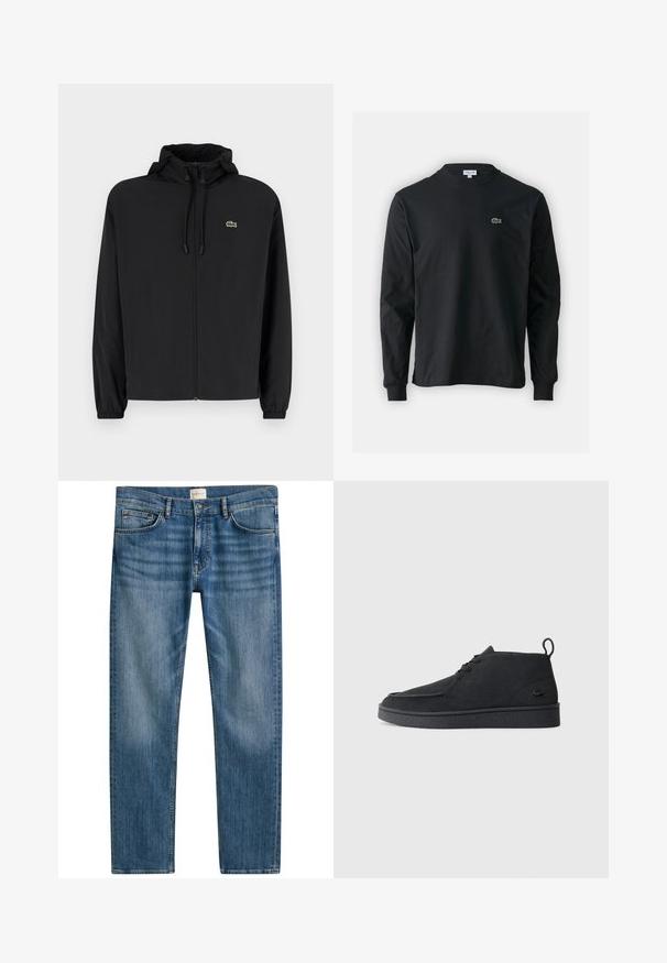 Μαύρο μπουφάν με φερμουάρ και κουκούλα, κατασκευασμένο από ελαφρύ υλικό. Διαθέτει ελαστικούς καρπούς και ένα μικρό πράσινο λογότυπο στο αριστερό στήθος.; Μαύρο μπλουζάκι με μακριά μανίκια από βαμβάκι, με στρογγυλή λαιμόκοψη και μικρό πράσινο κεντητό λογότυπο κροκοδείλου στην αριστερή πλευρά του στήθους.; Μπλε τζιν παντελόνι με ίσια γραμμή, διαθέτει πέντε τσέπες, κλείσιμο με κουμπί και ελαφριά φθορά σε όλη την ύφανση για υφή.; Μαύρη σουέτ μποτάκι ankle με κορδόνια, με θηλιά και υφασμένο πάτο, διαθέτοντας μικρό ανάγλυφο λογότυπο κροκόδειλου στο πλάι.