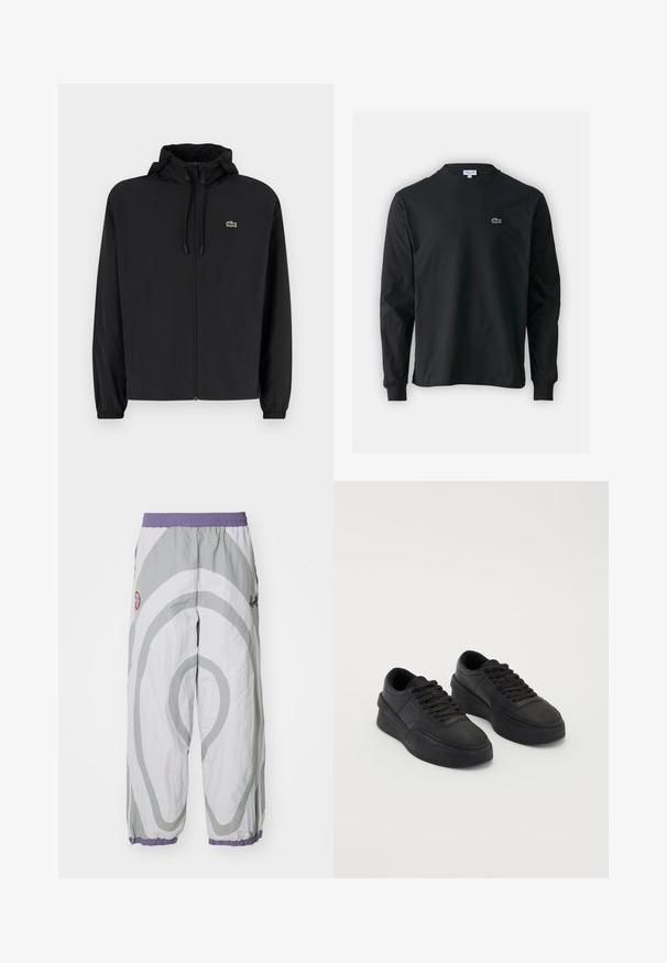 Svart zip-jacka med huva, tillverkad av lätt material. Har elastiska muddar och en liten grön logotyp på vänster bröst.; Svart långärmad t-shirt i bomull, med rund halsringning och en liten grön broderad krokodil-logotyp på vänster bröst.; Lätta, grå, mönstrade byxor med vit, virvlande design. Har ett elastiskt midjeband och avslut med smal passform samt lila detaljer.; Svarta sneakers i slät läder med dämpad sula. Funktioner inkluderar platta snören, perforeringar på tån och en strömlinjeformad silhuett.