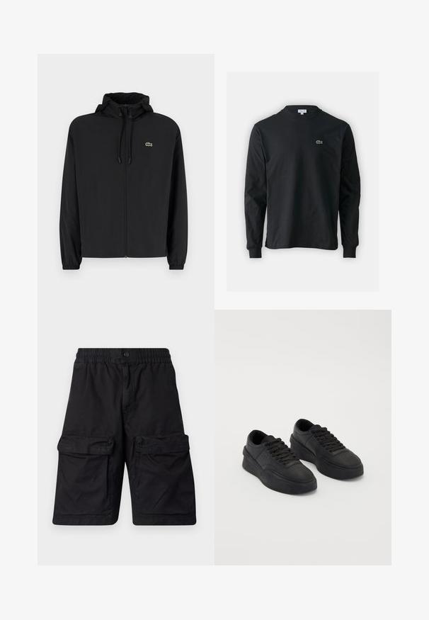 Fekete, kapucnis, cipzáras dzseki, könnyű anyagból készült. Rugalmas mandzsettákkal és egy kis zöld logóval rendelkezik a bal mellrészen.; Fekete hosszú ujjú pamut póló, kerek nyakkivágással, bal mellen egy kis zöld hímzett krokodil logóval.; Fekete, strapabíró anyagból készült rövidnadrág, rugalmas derékkal, mindkét oldalon két nagy cargo zsebbel és varrott részletezéssel.; Simító bőr fekete sportcipők, párnázott talppal. Jellemzői közé tartozik a lapos fűző, a perforációk az orrán és az elegáns sziluett.