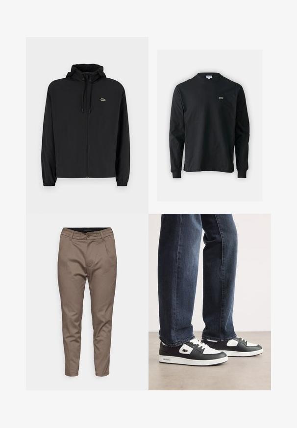 Crna jakna na zip s kapuljačom, izrađena od laganog materijala. Ima elastične manžete i mali zeleni logotip na lijevoj strani prsnog koša.; Crna majica dugih rukava od pamuka, s okruglim izrezom i malim zelenim izvezenim logotipom krokodila s lijeve strane prsnog dijela.; Smeđi krojeni hlače s glatkom teksturom, s prednjim zatvaranjem na dugme, petljama za remen i dva bočna džepa.; Crno-bijele Lacoste tenisice s teksturiranim kožnim gornjim dijelom, s vezanjem i bijelim gumiranim potplatom. Nosi se s tamnim trapericama.