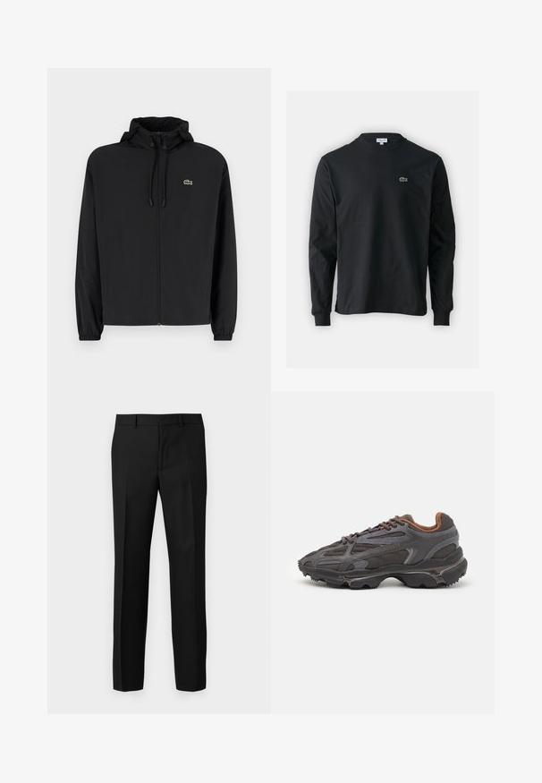 Černá zipová bunda s kapucí, vyrobená z lehkého materiálu. Má elastické manžety a malé zelené logo na levé hrudi.; Černé dlouhé rukávy triko vyrobené z bavlny, s kulatým výstřihem a malým zeleným vyšitým logem krokodýla na levé hrudi.; Černé přizpůsobené kalhoty s hladkou texturou, s rovnými nohavicemi, předními sklady a plochým pasem. Bez viditelných kapes.; Sněrovací boty Lacoste v tmavě šedé barvě s síťovinou a syntetickým materiálem, prezentující texturovanou podrážku a hnědé detaily na límci a logu.