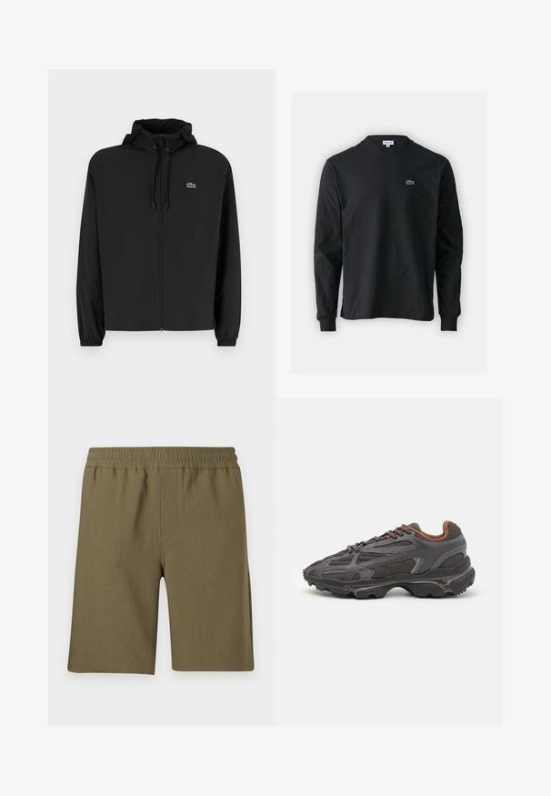 Čierna mikina na zips s kapucňou, vyrobená z ľahkého materiálu. Má elastické manžety a malú zelenú značku na ľavej hrudi.; Čierne tričko s dlhým rukávom vyrobené z bavlny, s okrúhlym výstrihom a malým zeleným vyšívaným logom krokodíla na ľavej hrudi.; Samsøe Samsøe SMITH - Šortky - four leaf clover; Lacoste tenisky v tmavo sivej farbe z nylonu a syntetického materiálu, s textúrovanou podrážkou a hnedými akcentami na golieri a brandingu.