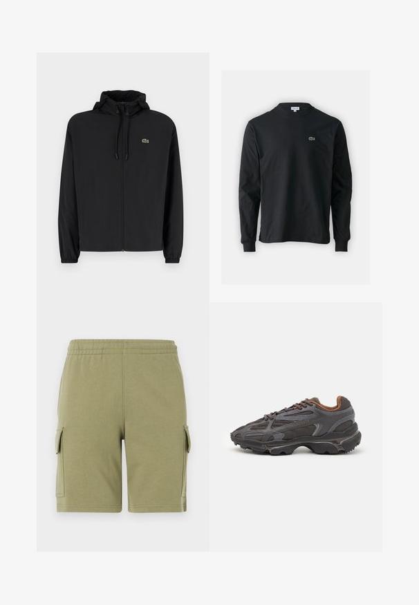 Juodas užtrauktukas striukė su gaubtu, pagaminta iš lengvos medžiagos. Savybės: elastiniai apykaklės ir mažas žalias logotipas kairėje krūtinės pusėje.; Juodas ilgomis rankovėmis marškinėliai iš medvilnės, turintys apvalią iškirptę ir mažą žalią išsiuvinėtą krokodilo logotipą kairėje krūtinės pusėje.; Žali medvilniniai šortai su elastingu juosmenu, turintys dvi šonines kišenes ir lygią tekstūrą.; Lacoste sportbačiai tamsiai pilki, pagaminti iš tinklinės ir sintetinių medžiagų, su tekstūruotu padu ir rudomis detalėmis ant apykaklės bei prekės ženklo.