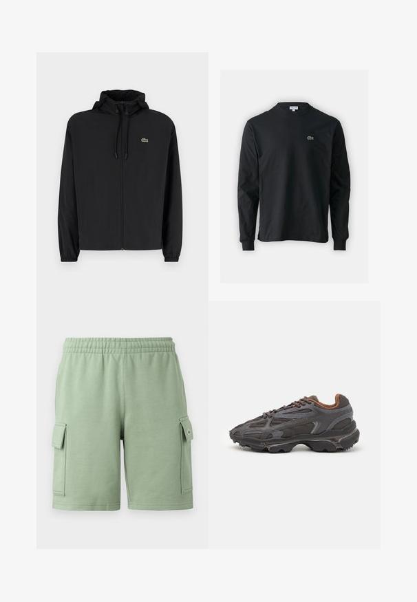 Giacca nera con zip e cappuccio, realizzata in materiale leggero. Caratterizzata da polsini elasticizzati e un piccolo logo verde sul petto sinistro.; T-shirt a maniche lunghe nera in cotone, con scollatura rotonda e un piccolo logo di coccodrillo ricamato in verde sul lato sinistro del petto.; Pantaloni corti verdi in cotone con vita elasticizzata, due tasche cargo laterali e un piccolo logo sulla tasca sinistra.; Sneaker Lacoste grigie scure in materiale mesh e sintetico, con suola testurizzata e dettagli marroni sul colletto e sul branding.