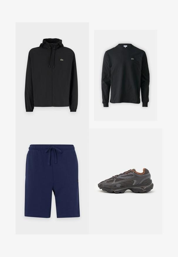 Černá zipová bunda s kapucí, vyrobená z lehkého materiálu. Má elastické manžety a malé zelené logo na levé hrudi.; Černé dlouhé rukávy triko vyrobené z bavlny, s kulatým výstřihem a malým zeleným vyšitým logem krokodýla na levé hrudi.; Námořnické modré šortky vyrobené z měkké bavlněné směsi, s elastickým pasem na šňůrku a bočními kapsami.; Sněrovací boty Lacoste v tmavě šedé barvě s síťovinou a syntetickým materiálem, prezentující texturovanou podrážku a hnědé detaily na límci a logu.