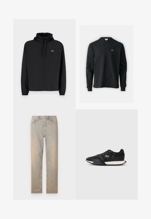 Jachetă neagră cu fermoar și glugă, fabricată din material ușor. Are manșete elastice și un mic logo verde pe pieptul stâng.; Tricou negru cu mânecă lungă, realizat din bumbac, cu un guler rotund și un mic logo brodat cu un crocodil verde pe partea stângă a pieptului.; Jeans din denim bej deschis cu croi drept. Au cinci buzunare, zădăcire cu nasture și o ușoară decolorare pe suprafața materialului.; Adidași negri cu un finisaj din piele netedă, având o talpă din cauciuc texturat, o talpă intermediară albă și un logo brodat verde pe lateral.