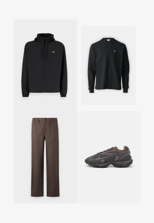 Crna jakna na zip s kapuljačom, izrađena od laganog materijala. Ima elastične manžete i mali zeleni logotip na lijevoj strani prsnog koša.; Crna majica dugih rukava od pamuka, s okruglim izrezom i malim zelenim izvezenim logotipom krokodila s lijeve strane prsnog dijela.; Smeđe hlače širokog kroja izrađene od laganog materijala. Imaju elastičnu naslovnicu i dva prednja džepa s pravokutnim šavovima.; Lacoste tenisice u tamno sivoj boji s mrežastim i sintetičkim materijalom, s teksturiranom potplatom i smešnim akcentima na ovratniku i brandiranju.