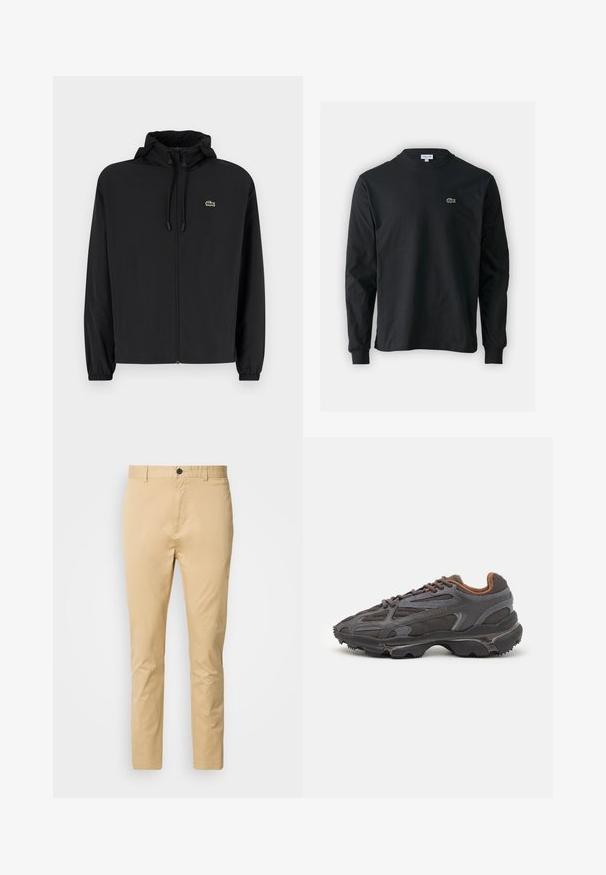 Giacca nera con zip e cappuccio, realizzata in materiale leggero. Caratterizzata da polsini elasticizzati e un piccolo logo verde sul petto sinistro.; T-shirt a maniche lunghe nera in cotone, con scollatura rotonda e un piccolo logo di coccodrillo ricamato in verde sul lato sinistro del petto.; Chino beige realizzati in cotone con una texture liscia. Presentano una chiusura con bottone, passanti per cintura e una forma affusolata verso la caviglia.; Sneaker Lacoste grigie scure in materiale mesh e sintetico, con suola testurizzata e dettagli marroni sul colletto e sul branding.