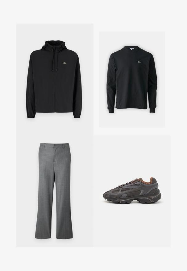 Zwarte zip-up jas met een capuchon, gemaakt van lichtgewicht materiaal. Heeft elastische manchetten en een klein groen logo op de linkerborst.; Zwarte longsleeve t-shirt van katoen, met een ronde halslijn en een klein groen geborduurd krokodillenlogo op de linkerborst.; Grijze pinstripe broeken met een ontspannen pasvorm, voorzien van een knoopsluiting, riemlussen en subtiele lichtblauwe strepen verspreid over de stof.; Lacoste sneakers in donkergrijs van mesh en synthetisch materiaal, met een gestructureerde zool en bruine accenten op de kraag en branding.