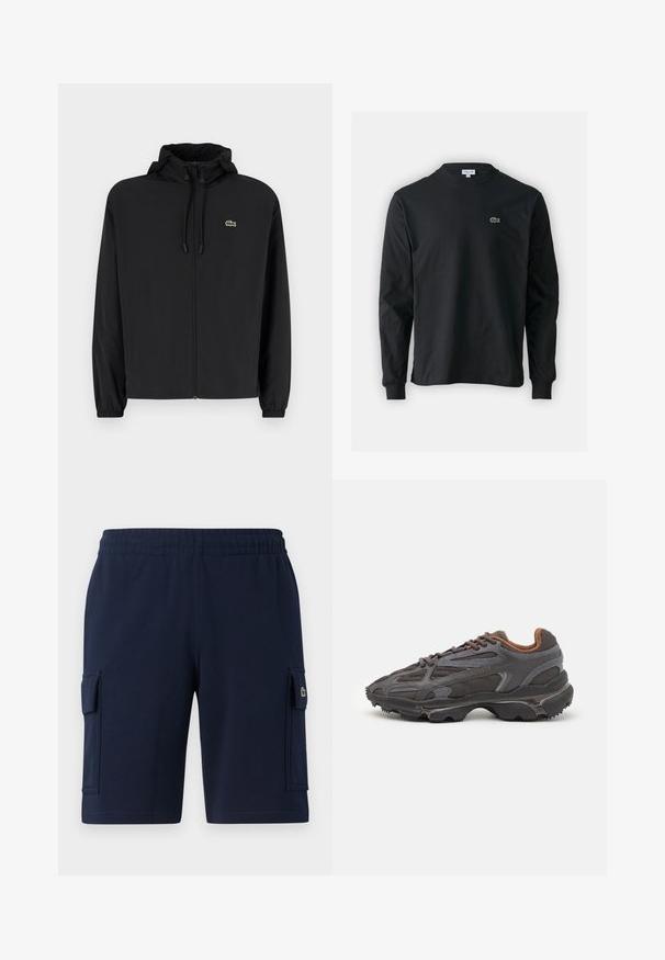 Melnas rāvējslēdzēja jakas ar kapuci, izgatavota no viegla materiāla. Ar elastīgām piedurknēm un mazu zaļu logo kreisajā krūtī.; Melna garām piedurknēm t-krekls, izgatavots no kokvilnas, ar apaļu kakla izgriezumu un mazu zaļu izšūtu krokodila logo kreisajā krūtī.; Tumši zila krava šorti ar elastīgu jostu, sānu kabatām un strukturētu audumu. Satur nelielu zaļu logotipu uz kreisās kabatas.; Lacoste kedas tumši pelēkā krāsā ar acu audumu un sintētisko materiālu, ar teksturētu zoli un brūniem akcentiem apkaklītē un zīmola uzrakstā.
