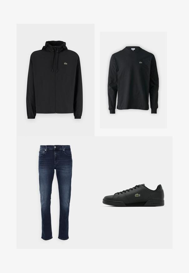 Casaco preto com fecho éclair e capuz, feito de material leve. Apresenta punhos elásticos e um pequeno logotipo verde no lado esquerdo do peito.; Camisola preta de manga longa feita de algodão, com decote redondo e um pequeno logótipo de crocodilo bordado em verde no lado esquerdo do peito.; Calvin Klein Jeans SLIM - Calças de ganga justas - denim dark; Sapatilha preta feita de pele lisa com bico redondo, fechamento em atacadores e logótipo de crocodilo verde bordado na lateral. Sola de borracha.