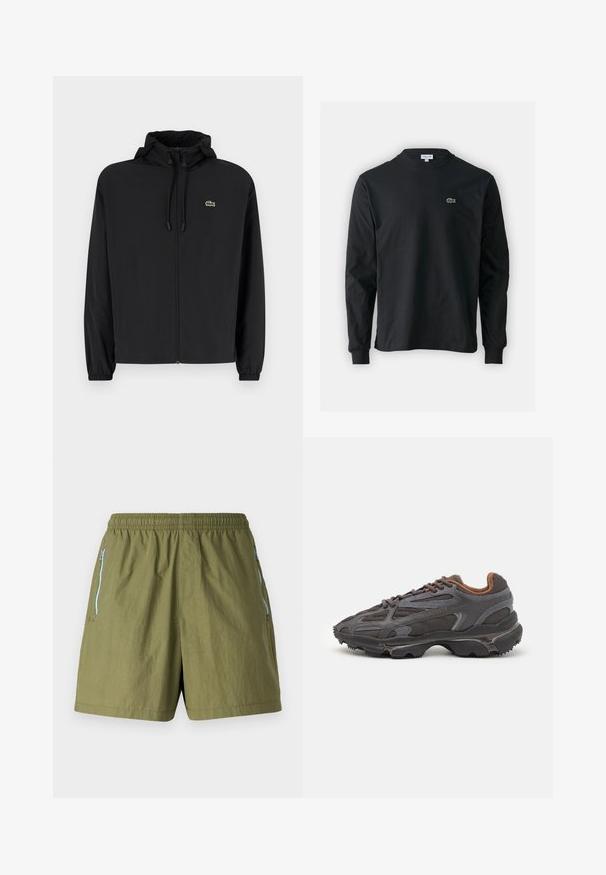 Čierna mikina na zips s kapucňou, vyrobená z ľahkého materiálu. Má elastické manžety a malú zelenú značku na ľavej hrudi.; Čierne tričko s dlhým rukávom vyrobené z bavlny, s okrúhlym výstrihom a malým zeleným vyšívaným logom krokodíla na ľavej hrudi.; Olivovo zelené šortky s elastickým pásom, postrannými zipsovými vreckami a ľahkou, textúrovanou tkaninou.; Lacoste tenisky v tmavo sivej farbe z nylonu a syntetického materiálu, s textúrovanou podrážkou a hnedými akcentami na golieri a brandingu.