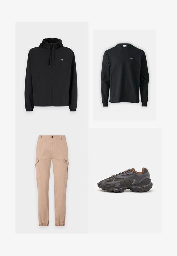 Čierna mikina na zips s kapucňou, vyrobená z ľahkého materiálu. Má elastické manžety a malú zelenú značku na ľavej hrudi.; Čierne tričko s dlhým rukávom vyrobené z bavlny, s okrúhlym výstrihom a malým zeleným vyšívaným logom krokodíla na ľavej hrudi.; Beige cargo nohavice so slim fit strihom, ktoré majú dve bočné vrecká a elastické manžety. Mäkká bavlnená tkanina, jednoduchý dizajn bez vzorov.; Lacoste tenisky v tmavo sivej farbe z nylonu a syntetického materiálu, s textúrovanou podrážkou a hnedými akcentami na golieri a brandingu.