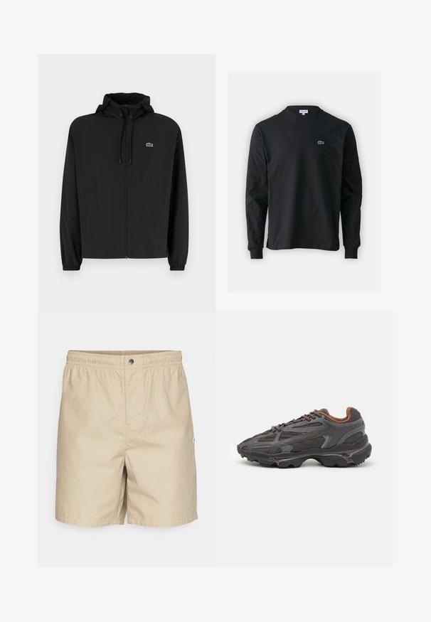 Mustmust jacket, millel näpsuga, kergest materjalist. Omab elastseid mansette ja väikest rohelist logo vasakul rinnal.; Must musta särk pikad varrukad, valmistatud puuvillast, ümar kaelus ja vasakul rinnal väike rohelise värvi tikandiga krokodillilogoga.; Beežid ujumispüksid elastse vöökohtaga, esise nupuga kinnitus ja külgmine logo silt. Valmistatud kergest, siledast kangast ja lõdva lõikega.; Tumed hallid Lacoste tossud, mis on valmistatud võrkkangast ja sünteetilisest materjalist, omavad tekstureeritud talla ning pruune aktsente kaeluse ja brändingu juures.