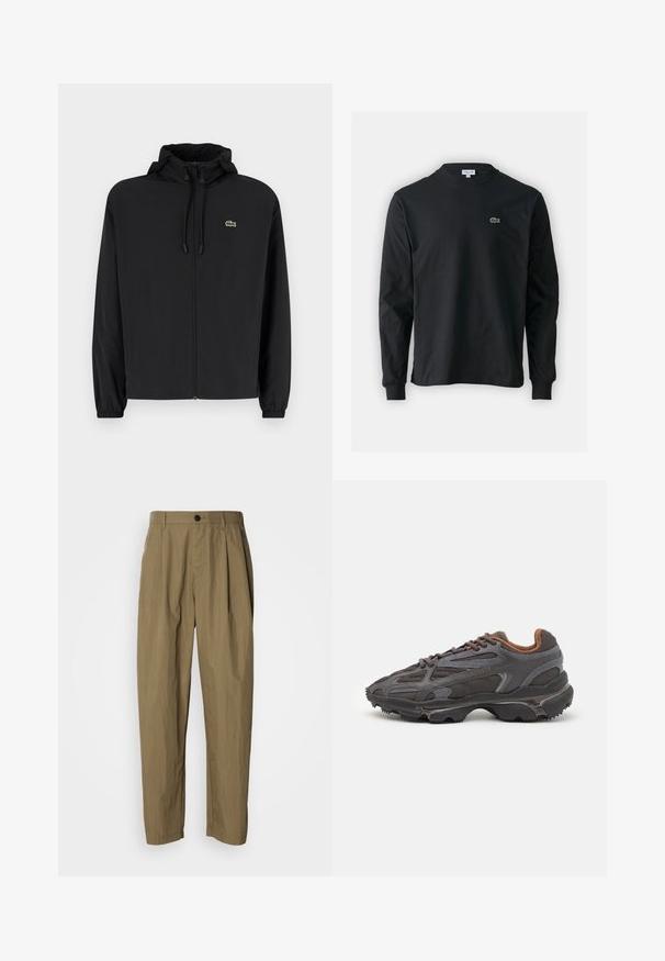 Zwarte zip-up jas met een capuchon, gemaakt van lichtgewicht materiaal. Heeft elastische manchetten en een klein groen logo op de linkerborst.; Zwarte longsleeve t-shirt van katoen, met een ronde halslijn en een klein groen geborduurd krokodillenlogo op de linkerborst.; Khaki-kleurige rechte broek met plooien, ceintuurlussen en een enkele zwarte knop bij de taille, getoond op een witte achtergrond.; Lacoste sneakers in donkergrijs van mesh en synthetisch materiaal, met een gestructureerde zool en bruine accenten op de kraag en branding.
