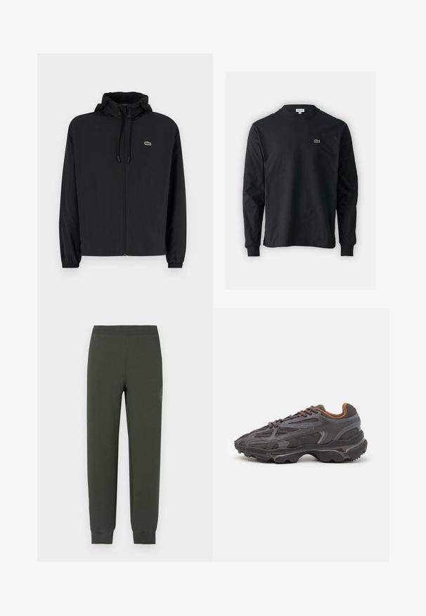 Μαύρο μπουφάν με φερμουάρ και κουκούλα, κατασκευασμένο από ελαφρύ υλικό. Διαθέτει ελαστικούς καρπούς και ένα μικρό πράσινο λογότυπο στο αριστερό στήθος.; Μαύρο μπλουζάκι με μακριά μανίκια από βαμβάκι, με στρογγυλή λαιμόκοψη και μικρό πράσινο κεντητό λογότυπο κροκοδείλου στην αριστερή πλευρά του στήθους.; Σκούρο πράσινο παντελόνι jogger από μαλακό ύφασμα, με σχέδιο στενής γραμμής στα πόδια και ελαστικές μανσέτες, καθώς και μια διακριτική λεπτομέρεια λογότυπου στο μηρό.; Αθλητικά παπούτσια Lacoste σε σκούρο γκρι χρώμα, κατασκευασμένα από διχτυωτό και συνθετικό υλικό, με ελαστική σόλα και καφέ λεπτομέρειες στον γιακά και στο branding.